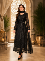 black embroidered net maxi dress