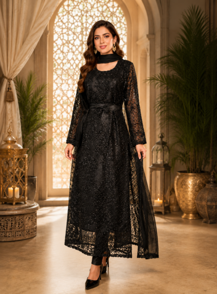 black embroidered net maxi dress
