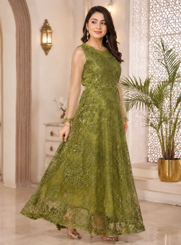 Olive Green Net Gown