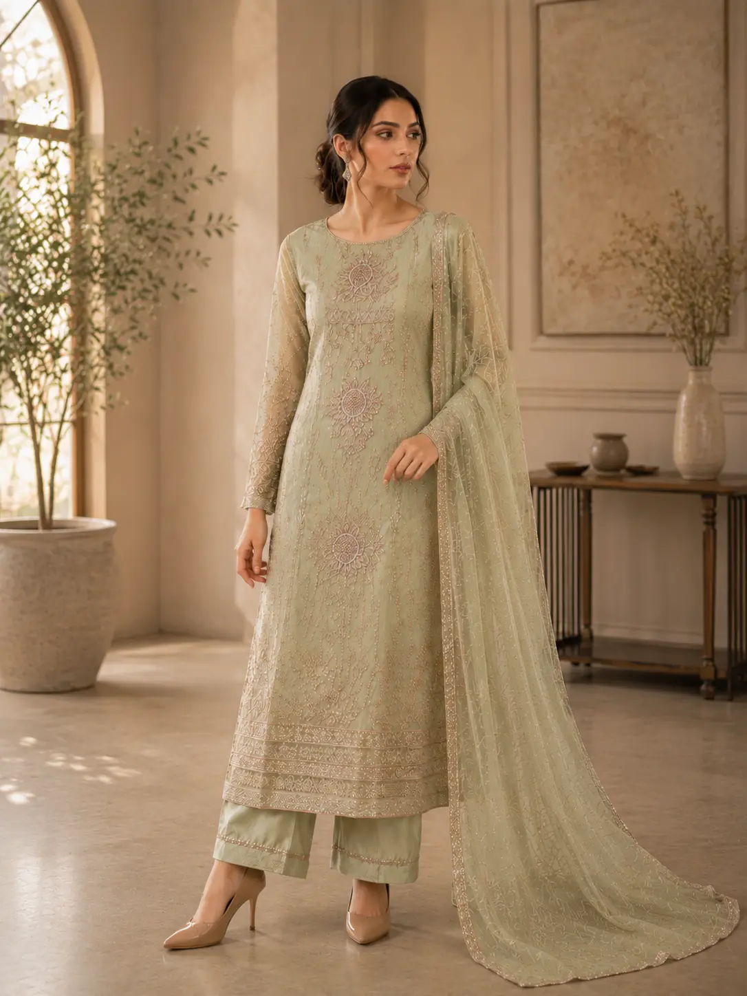 Light Green Embroidered Chiffon Light Green Embroidered Chiffon