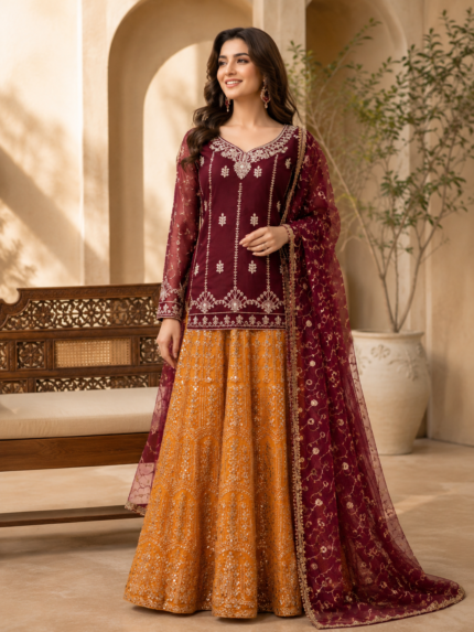 Maroon Embroidered Chiffon
