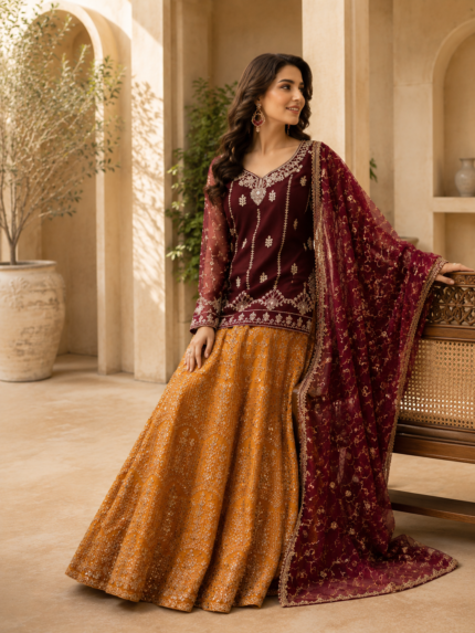 Maroon Embroidered Chiffon